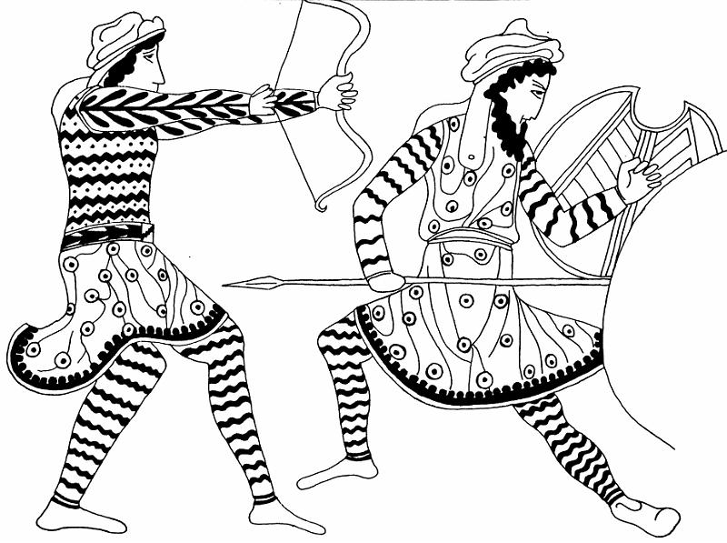 Kämpfende Perser (rf Oinochoe)T5.jpg - Unter dem zu Kampfzwecken geschürzten 'elamitische' Schreitgewand wird hier die medische Anaxyrides getragen, auch werden Reiterwaffen (als Novum der Sichelschild) verwendet.